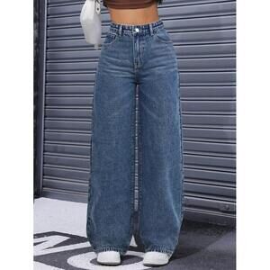 Flirla Women's Casual Streetwear High Waist Wide Leg Jeans Y2k Occasion Blue Win